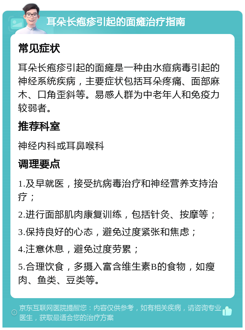 耳朵长疱疹引起的面瘫治疗指南 常见症状 耳朵长疱疹引起的面瘫是一种由水痘病毒引起的神经系统疾病，主要症状包括耳朵疼痛、面部麻木、口角歪斜等。易感人群为中老年人和免疫力较弱者。 推荐科室 神经内科或耳鼻喉科 调理要点 1.及早就医，接受抗病毒治疗和神经营养支持治疗； 2.进行面部肌肉康复训练，包括针灸、按摩等； 3.保持良好的心态，避免过度紧张和焦虑； 4.注意休息，避免过度劳累； 5.合理饮食，多摄入富含维生素B的食物，如瘦肉、鱼类、豆类等。