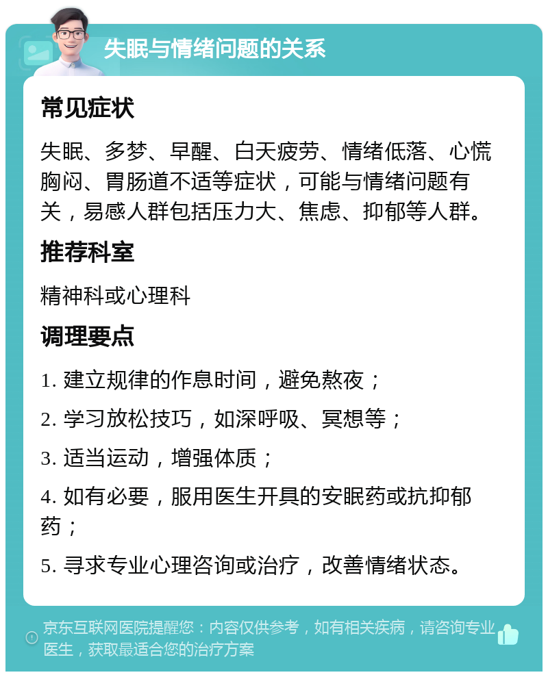 失眠与情绪问题的关系 常见症状 失眠、多梦、早醒、白天疲劳、情绪低落、心慌胸闷、胃肠道不适等症状，可能与情绪问题有关，易感人群包括压力大、焦虑、抑郁等人群。 推荐科室 精神科或心理科 调理要点 1. 建立规律的作息时间，避免熬夜； 2. 学习放松技巧，如深呼吸、冥想等； 3. 适当运动，增强体质； 4. 如有必要，服用医生开具的安眠药或抗抑郁药； 5. 寻求专业心理咨询或治疗，改善情绪状态。