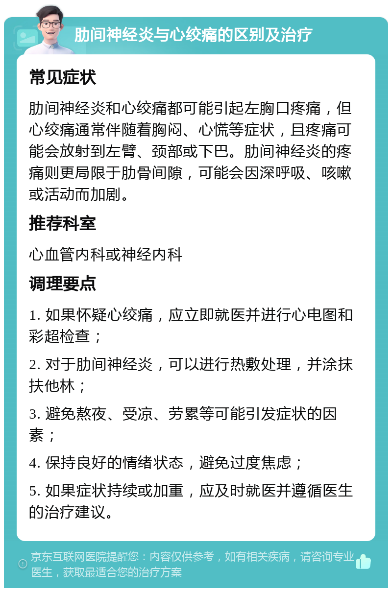 肋间神经炎与心绞痛的区别及治疗 常见症状 肋间神经炎和心绞痛都可能引起左胸口疼痛，但心绞痛通常伴随着胸闷、心慌等症状，且疼痛可能会放射到左臂、颈部或下巴。肋间神经炎的疼痛则更局限于肋骨间隙，可能会因深呼吸、咳嗽或活动而加剧。 推荐科室 心血管内科或神经内科 调理要点 1. 如果怀疑心绞痛，应立即就医并进行心电图和彩超检查； 2. 对于肋间神经炎，可以进行热敷处理，并涂抹扶他林； 3. 避免熬夜、受凉、劳累等可能引发症状的因素； 4. 保持良好的情绪状态，避免过度焦虑； 5. 如果症状持续或加重，应及时就医并遵循医生的治疗建议。