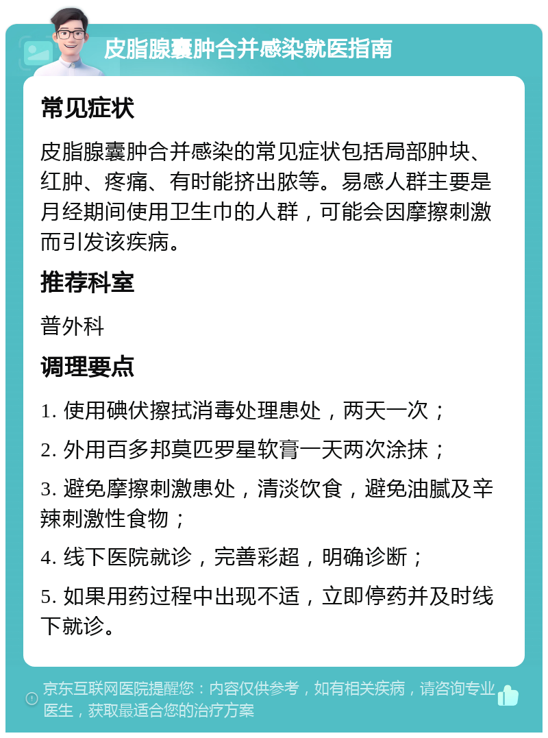 皮脂腺囊肿合并感染就医指南 常见症状 皮脂腺囊肿合并感染的常见症状包括局部肿块、红肿、疼痛、有时能挤出脓等。易感人群主要是月经期间使用卫生巾的人群，可能会因摩擦刺激而引发该疾病。 推荐科室 普外科 调理要点 1. 使用碘伏擦拭消毒处理患处，两天一次； 2. 外用百多邦莫匹罗星软膏一天两次涂抹； 3. 避免摩擦刺激患处，清淡饮食，避免油腻及辛辣刺激性食物； 4. 线下医院就诊，完善彩超，明确诊断； 5. 如果用药过程中出现不适，立即停药并及时线下就诊。