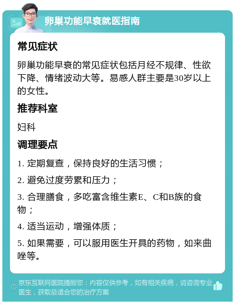 卵巢功能早衰就医指南 常见症状 卵巢功能早衰的常见症状包括月经不规律、性欲下降、情绪波动大等。易感人群主要是30岁以上的女性。 推荐科室 妇科 调理要点 1. 定期复查，保持良好的生活习惯； 2. 避免过度劳累和压力； 3. 合理膳食，多吃富含维生素E、C和B族的食物； 4. 适当运动，增强体质； 5. 如果需要，可以服用医生开具的药物，如来曲唑等。