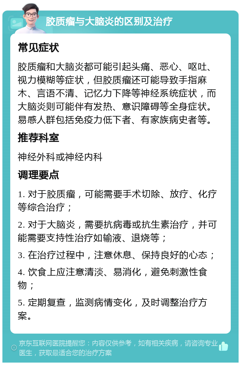 胶质瘤与大脑炎的区别及治疗 常见症状 胶质瘤和大脑炎都可能引起头痛、恶心、呕吐、视力模糊等症状，但胶质瘤还可能导致手指麻木、言语不清、记忆力下降等神经系统症状，而大脑炎则可能伴有发热、意识障碍等全身症状。易感人群包括免疫力低下者、有家族病史者等。 推荐科室 神经外科或神经内科 调理要点 1. 对于胶质瘤，可能需要手术切除、放疗、化疗等综合治疗； 2. 对于大脑炎，需要抗病毒或抗生素治疗，并可能需要支持性治疗如输液、退烧等； 3. 在治疗过程中，注意休息、保持良好的心态； 4. 饮食上应注意清淡、易消化，避免刺激性食物； 5. 定期复查，监测病情变化，及时调整治疗方案。