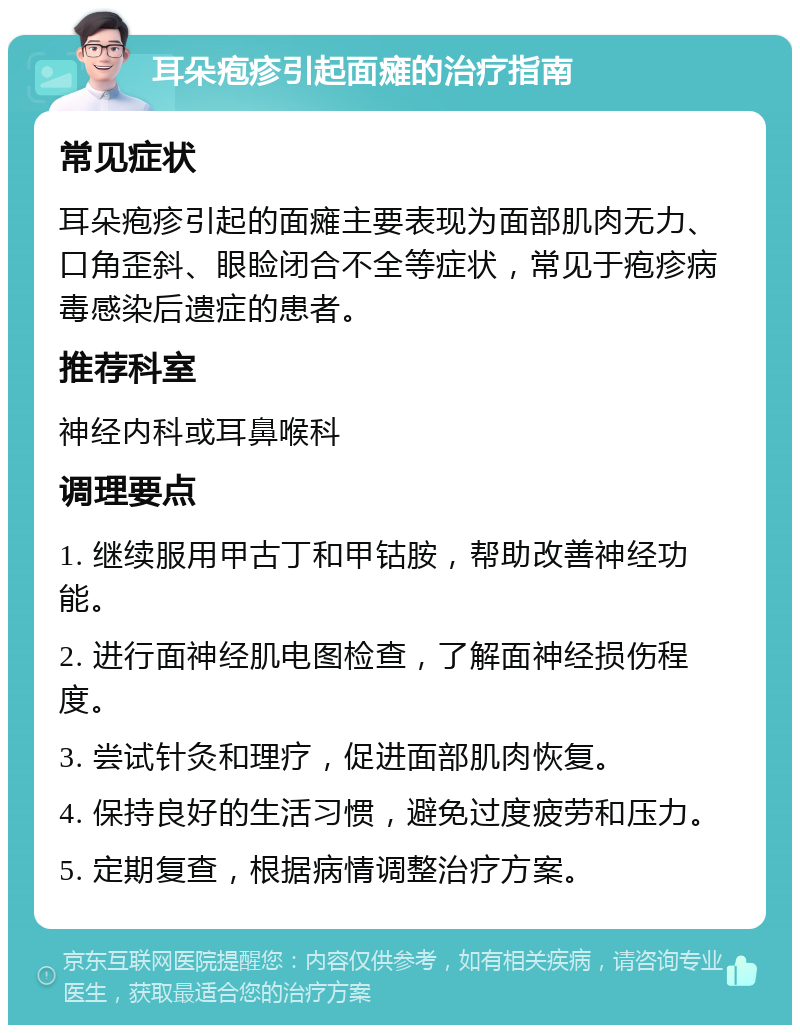 耳朵疱疹引起面瘫的治疗指南 常见症状 耳朵疱疹引起的面瘫主要表现为面部肌肉无力、口角歪斜、眼睑闭合不全等症状，常见于疱疹病毒感染后遗症的患者。 推荐科室 神经内科或耳鼻喉科 调理要点 1. 继续服用甲古丁和甲钴胺，帮助改善神经功能。 2. 进行面神经肌电图检查，了解面神经损伤程度。 3. 尝试针灸和理疗，促进面部肌肉恢复。 4. 保持良好的生活习惯，避免过度疲劳和压力。 5. 定期复查，根据病情调整治疗方案。