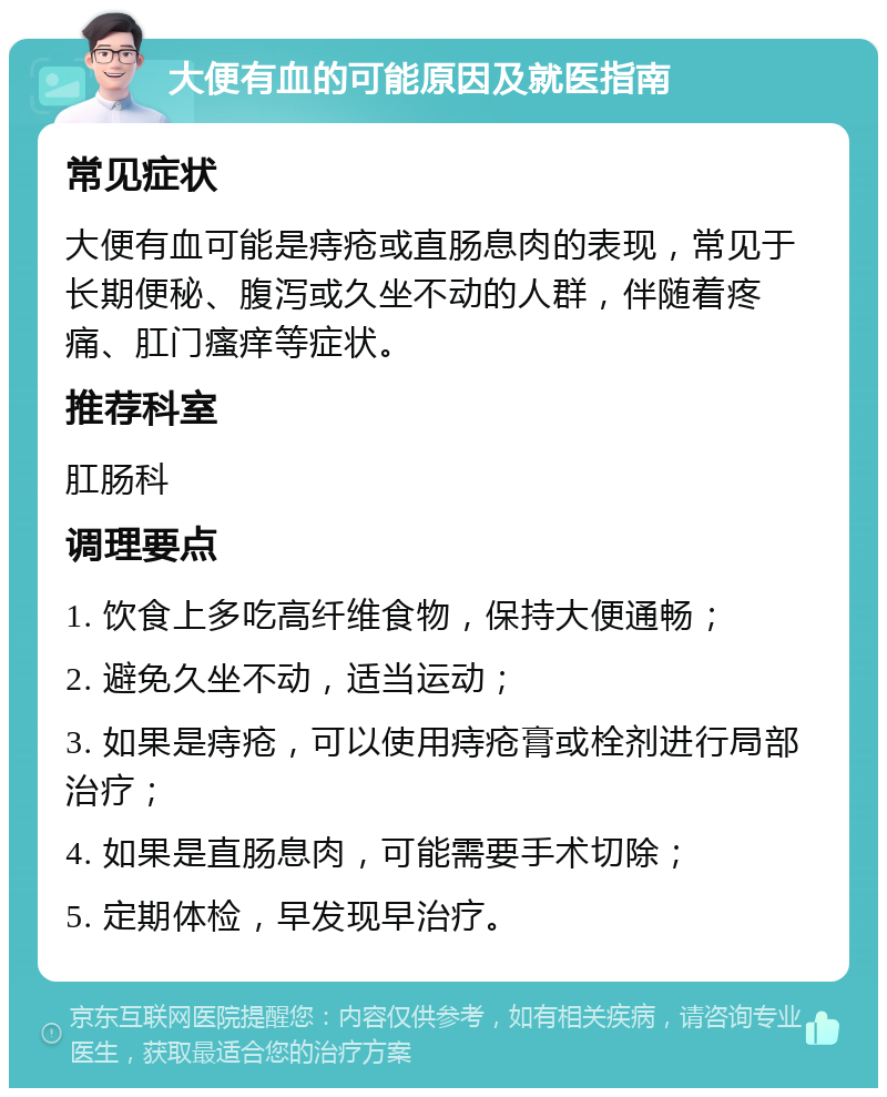 大便有血的可能原因及就医指南 常见症状 大便有血可能是痔疮或直肠息肉的表现，常见于长期便秘、腹泻或久坐不动的人群，伴随着疼痛、肛门瘙痒等症状。 推荐科室 肛肠科 调理要点 1. 饮食上多吃高纤维食物，保持大便通畅； 2. 避免久坐不动，适当运动； 3. 如果是痔疮，可以使用痔疮膏或栓剂进行局部治疗； 4. 如果是直肠息肉，可能需要手术切除； 5. 定期体检，早发现早治疗。