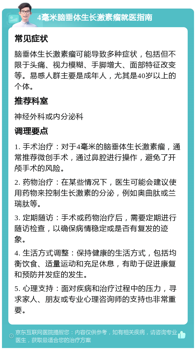 4毫米脑垂体生长激素瘤就医指南 常见症状 脑垂体生长激素瘤可能导致多种症状，包括但不限于头痛、视力模糊、手脚增大、面部特征改变等。易感人群主要是成年人，尤其是40岁以上的个体。 推荐科室 神经外科或内分泌科 调理要点 1. 手术治疗：对于4毫米的脑垂体生长激素瘤，通常推荐微创手术，通过鼻腔进行操作，避免了开颅手术的风险。 2. 药物治疗：在某些情况下，医生可能会建议使用药物来控制生长激素的分泌，例如奥曲肽或兰瑞肽等。 3. 定期随访：手术或药物治疗后，需要定期进行随访检查，以确保病情稳定或是否有复发的迹象。 4. 生活方式调整：保持健康的生活方式，包括均衡饮食、适量运动和充足休息，有助于促进康复和预防并发症的发生。 5. 心理支持：面对疾病和治疗过程中的压力，寻求家人、朋友或专业心理咨询师的支持也非常重要。