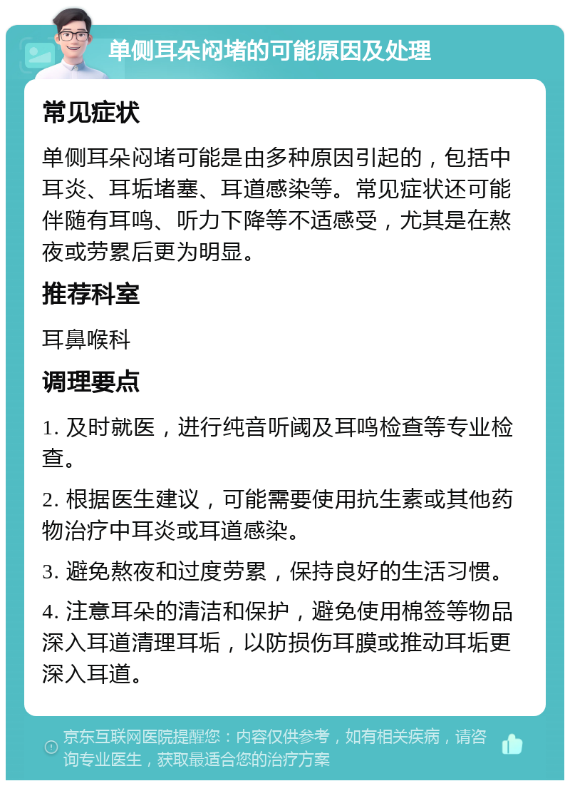 单侧耳朵闷堵的可能原因及处理 常见症状 单侧耳朵闷堵可能是由多种原因引起的，包括中耳炎、耳垢堵塞、耳道感染等。常见症状还可能伴随有耳鸣、听力下降等不适感受，尤其是在熬夜或劳累后更为明显。 推荐科室 耳鼻喉科 调理要点 1. 及时就医，进行纯音听阈及耳鸣检查等专业检查。 2. 根据医生建议，可能需要使用抗生素或其他药物治疗中耳炎或耳道感染。 3. 避免熬夜和过度劳累，保持良好的生活习惯。 4. 注意耳朵的清洁和保护，避免使用棉签等物品深入耳道清理耳垢，以防损伤耳膜或推动耳垢更深入耳道。