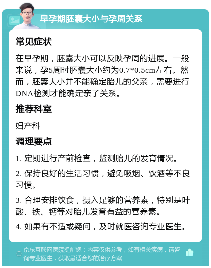 早孕期胚囊大小与孕周关系 常见症状 在早孕期，胚囊大小可以反映孕周的进展。一般来说，孕5周时胚囊大小约为0.7*0.5cm左右。然而，胚囊大小并不能确定胎儿的父亲，需要进行DNA检测才能确定亲子关系。 推荐科室 妇产科 调理要点 1. 定期进行产前检查，监测胎儿的发育情况。 2. 保持良好的生活习惯，避免吸烟、饮酒等不良习惯。 3. 合理安排饮食，摄入足够的营养素，特别是叶酸、铁、钙等对胎儿发育有益的营养素。 4. 如果有不适或疑问，及时就医咨询专业医生。