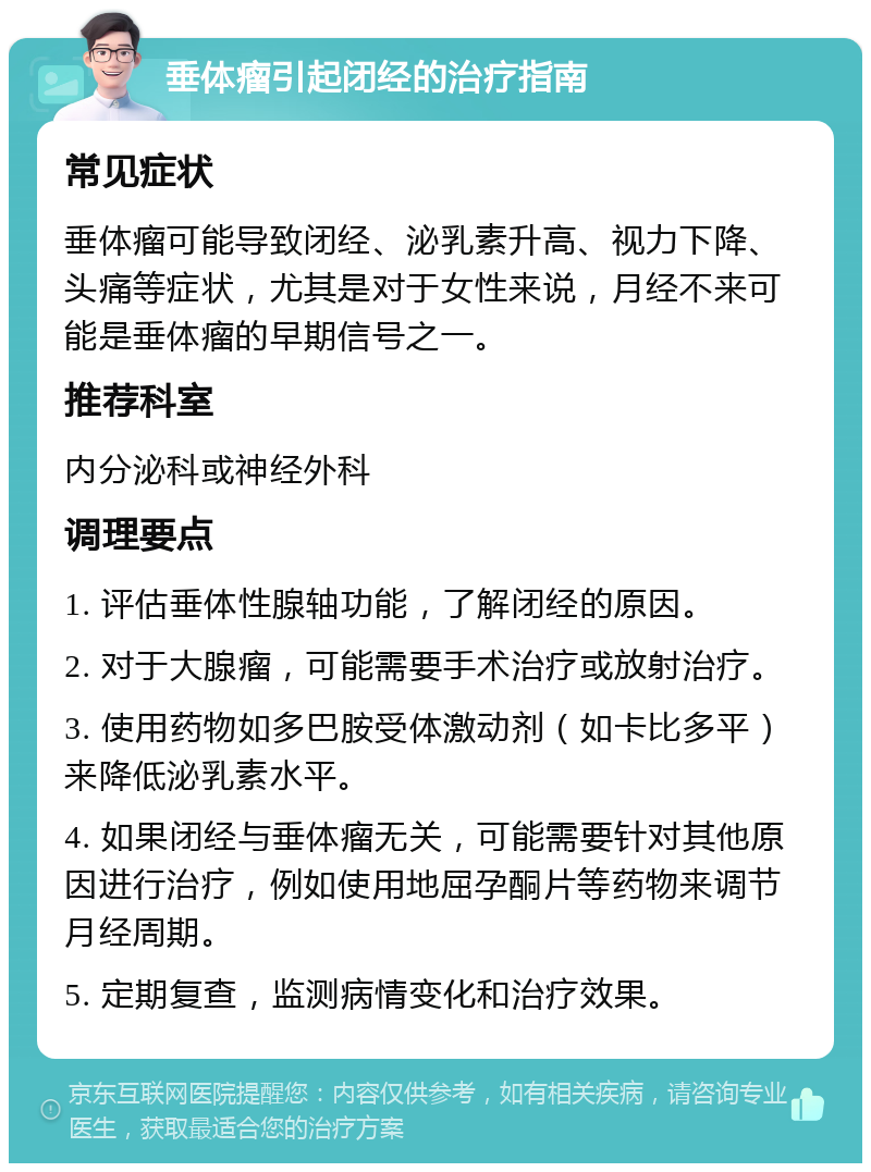 垂体瘤引起闭经的治疗指南 常见症状 垂体瘤可能导致闭经、泌乳素升高、视力下降、头痛等症状，尤其是对于女性来说，月经不来可能是垂体瘤的早期信号之一。 推荐科室 内分泌科或神经外科 调理要点 1. 评估垂体性腺轴功能，了解闭经的原因。 2. 对于大腺瘤，可能需要手术治疗或放射治疗。 3. 使用药物如多巴胺受体激动剂（如卡比多平）来降低泌乳素水平。 4. 如果闭经与垂体瘤无关，可能需要针对其他原因进行治疗，例如使用地屈孕酮片等药物来调节月经周期。 5. 定期复查，监测病情变化和治疗效果。