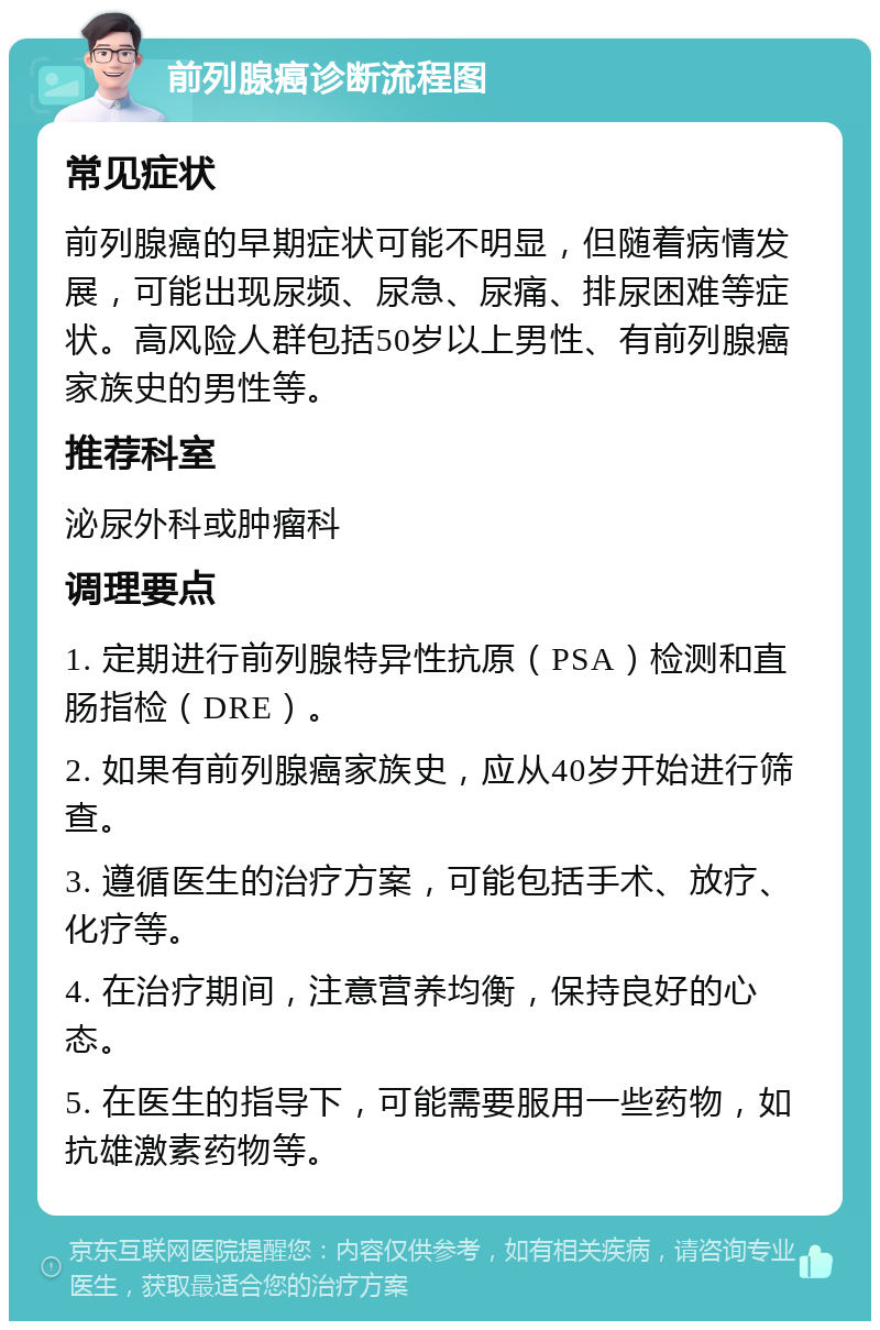 前列腺癌诊断流程图 常见症状 前列腺癌的早期症状可能不明显，但随着病情发展，可能出现尿频、尿急、尿痛、排尿困难等症状。高风险人群包括50岁以上男性、有前列腺癌家族史的男性等。 推荐科室 泌尿外科或肿瘤科 调理要点 1. 定期进行前列腺特异性抗原（PSA）检测和直肠指检（DRE）。 2. 如果有前列腺癌家族史，应从40岁开始进行筛查。 3. 遵循医生的治疗方案，可能包括手术、放疗、化疗等。 4. 在治疗期间，注意营养均衡，保持良好的心态。 5. 在医生的指导下，可能需要服用一些药物，如抗雄激素药物等。