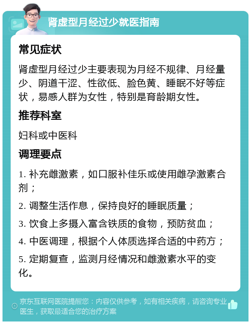 肾虚型月经过少就医指南 常见症状 肾虚型月经过少主要表现为月经不规律、月经量少、阴道干涩、性欲低、脸色黄、睡眠不好等症状，易感人群为女性，特别是育龄期女性。 推荐科室 妇科或中医科 调理要点 1. 补充雌激素，如口服补佳乐或使用雌孕激素合剂； 2. 调整生活作息，保持良好的睡眠质量； 3. 饮食上多摄入富含铁质的食物，预防贫血； 4. 中医调理，根据个人体质选择合适的中药方； 5. 定期复查，监测月经情况和雌激素水平的变化。