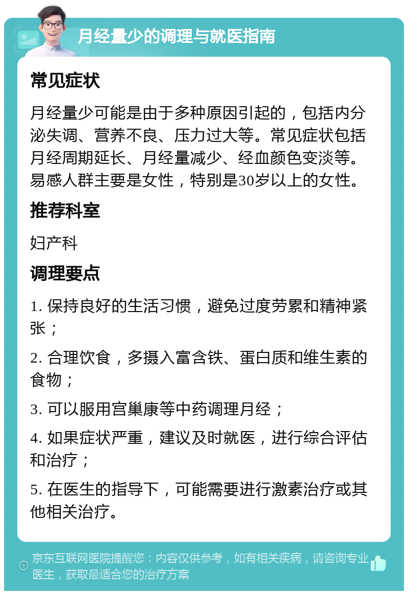 月经量少的调理与就医指南 常见症状 月经量少可能是由于多种原因引起的，包括内分泌失调、营养不良、压力过大等。常见症状包括月经周期延长、月经量减少、经血颜色变淡等。易感人群主要是女性，特别是30岁以上的女性。 推荐科室 妇产科 调理要点 1. 保持良好的生活习惯，避免过度劳累和精神紧张； 2. 合理饮食，多摄入富含铁、蛋白质和维生素的食物； 3. 可以服用宫巢康等中药调理月经； 4. 如果症状严重，建议及时就医，进行综合评估和治疗； 5. 在医生的指导下，可能需要进行激素治疗或其他相关治疗。