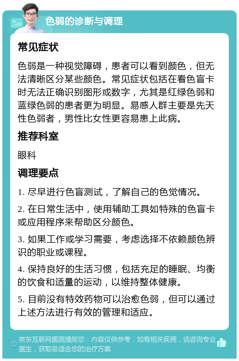 色弱的诊断与调理 常见症状 色弱是一种视觉障碍，患者可以看到颜色，但无法清晰区分某些颜色。常见症状包括在看色盲卡时无法正确识别图形或数字，尤其是红绿色弱和蓝绿色弱的患者更为明显。易感人群主要是先天性色弱者，男性比女性更容易患上此病。 推荐科室 眼科 调理要点 1. 尽早进行色盲测试，了解自己的色觉情况。 2. 在日常生活中，使用辅助工具如特殊的色盲卡或应用程序来帮助区分颜色。 3. 如果工作或学习需要，考虑选择不依赖颜色辨识的职业或课程。 4. 保持良好的生活习惯，包括充足的睡眠、均衡的饮食和适量的运动，以维持整体健康。 5. 目前没有特效药物可以治愈色弱，但可以通过上述方法进行有效的管理和适应。