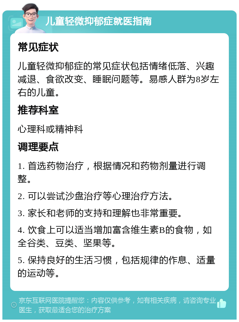 儿童轻微抑郁症就医指南 常见症状 儿童轻微抑郁症的常见症状包括情绪低落、兴趣减退、食欲改变、睡眠问题等。易感人群为8岁左右的儿童。 推荐科室 心理科或精神科 调理要点 1. 首选药物治疗，根据情况和药物剂量进行调整。 2. 可以尝试沙盘治疗等心理治疗方法。 3. 家长和老师的支持和理解也非常重要。 4. 饮食上可以适当增加富含维生素B的食物，如全谷类、豆类、坚果等。 5. 保持良好的生活习惯，包括规律的作息、适量的运动等。