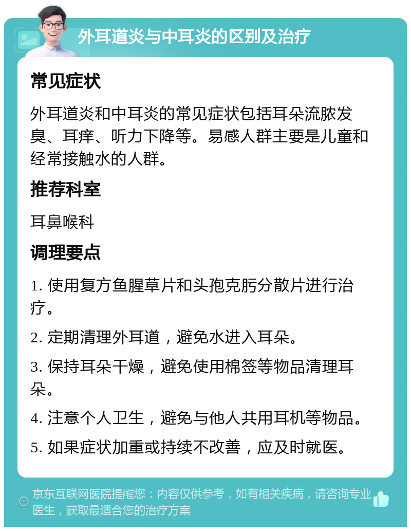 外耳道炎与中耳炎的区别及治疗 常见症状 外耳道炎和中耳炎的常见症状包括耳朵流脓发臭、耳痒、听力下降等。易感人群主要是儿童和经常接触水的人群。 推荐科室 耳鼻喉科 调理要点 1. 使用复方鱼腥草片和头孢克肟分散片进行治疗。 2. 定期清理外耳道，避免水进入耳朵。 3. 保持耳朵干燥，避免使用棉签等物品清理耳朵。 4. 注意个人卫生，避免与他人共用耳机等物品。 5. 如果症状加重或持续不改善，应及时就医。