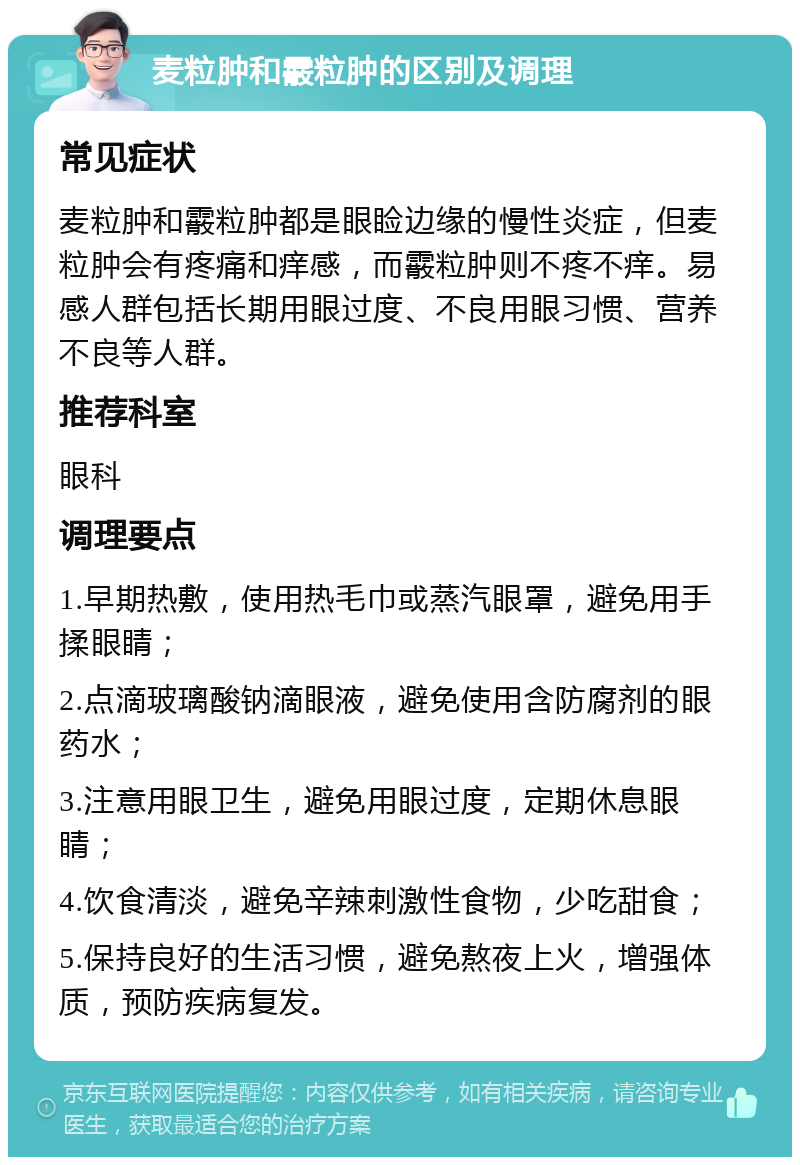 麦粒肿和霰粒肿的区别及调理 常见症状 麦粒肿和霰粒肿都是眼睑边缘的慢性炎症，但麦粒肿会有疼痛和痒感，而霰粒肿则不疼不痒。易感人群包括长期用眼过度、不良用眼习惯、营养不良等人群。 推荐科室 眼科 调理要点 1.早期热敷，使用热毛巾或蒸汽眼罩，避免用手揉眼睛； 2.点滴玻璃酸钠滴眼液，避免使用含防腐剂的眼药水； 3.注意用眼卫生，避免用眼过度，定期休息眼睛； 4.饮食清淡，避免辛辣刺激性食物，少吃甜食； 5.保持良好的生活习惯，避免熬夜上火，增强体质，预防疾病复发。