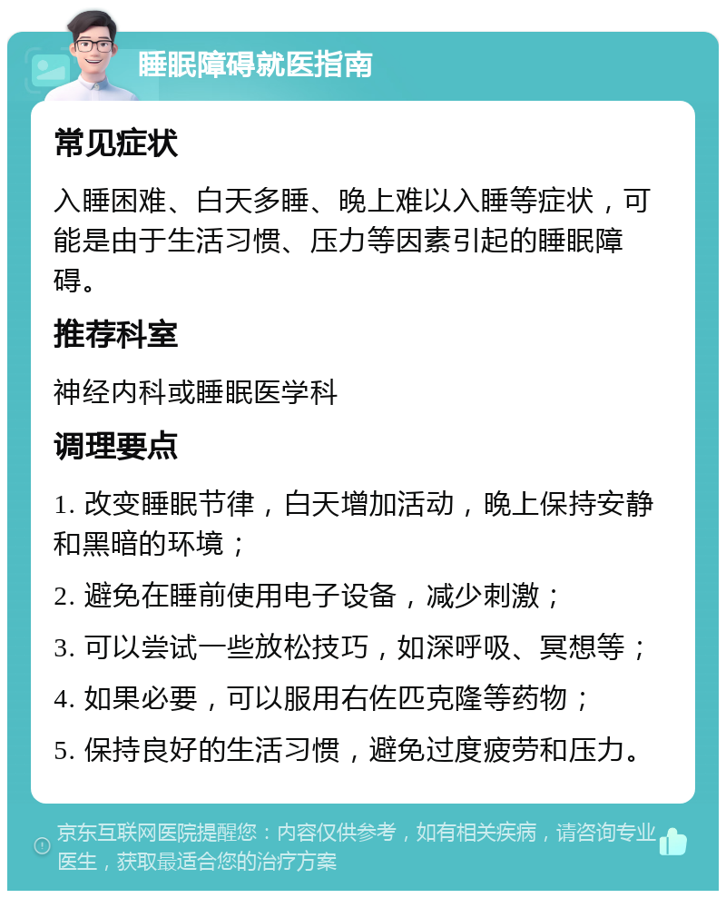 睡眠障碍就医指南 常见症状 入睡困难、白天多睡、晚上难以入睡等症状，可能是由于生活习惯、压力等因素引起的睡眠障碍。 推荐科室 神经内科或睡眠医学科 调理要点 1. 改变睡眠节律，白天增加活动，晚上保持安静和黑暗的环境； 2. 避免在睡前使用电子设备，减少刺激； 3. 可以尝试一些放松技巧，如深呼吸、冥想等； 4. 如果必要，可以服用右佐匹克隆等药物； 5. 保持良好的生活习惯，避免过度疲劳和压力。