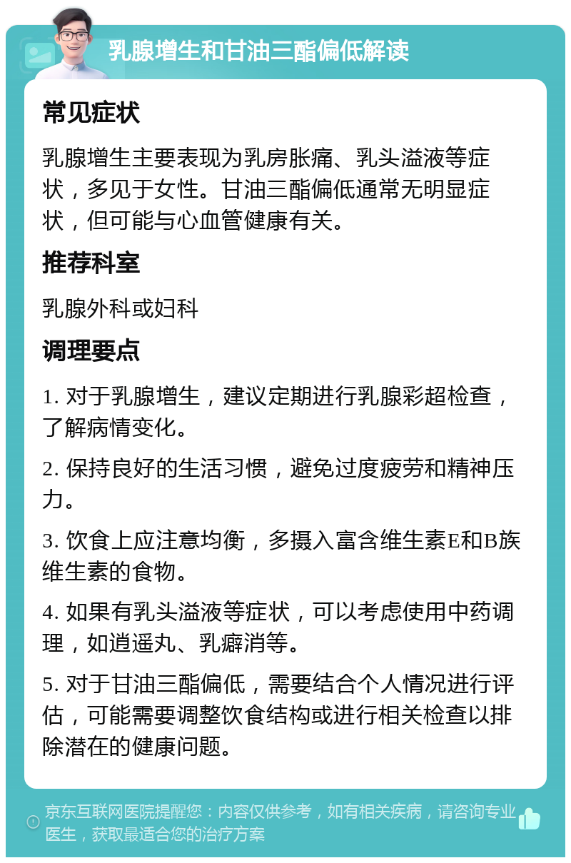 乳腺增生和甘油三酯偏低解读 常见症状 乳腺增生主要表现为乳房胀痛、乳头溢液等症状，多见于女性。甘油三酯偏低通常无明显症状，但可能与心血管健康有关。 推荐科室 乳腺外科或妇科 调理要点 1. 对于乳腺增生，建议定期进行乳腺彩超检查，了解病情变化。 2. 保持良好的生活习惯，避免过度疲劳和精神压力。 3. 饮食上应注意均衡，多摄入富含维生素E和B族维生素的食物。 4. 如果有乳头溢液等症状，可以考虑使用中药调理，如逍遥丸、乳癖消等。 5. 对于甘油三酯偏低，需要结合个人情况进行评估，可能需要调整饮食结构或进行相关检查以排除潜在的健康问题。