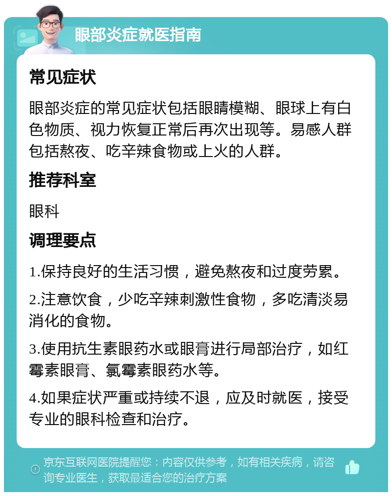 眼部炎症就医指南 常见症状 眼部炎症的常见症状包括眼睛模糊、眼球上有白色物质、视力恢复正常后再次出现等。易感人群包括熬夜、吃辛辣食物或上火的人群。 推荐科室 眼科 调理要点 1.保持良好的生活习惯，避免熬夜和过度劳累。 2.注意饮食，少吃辛辣刺激性食物，多吃清淡易消化的食物。 3.使用抗生素眼药水或眼膏进行局部治疗，如红霉素眼膏、氯霉素眼药水等。 4.如果症状严重或持续不退，应及时就医，接受专业的眼科检查和治疗。