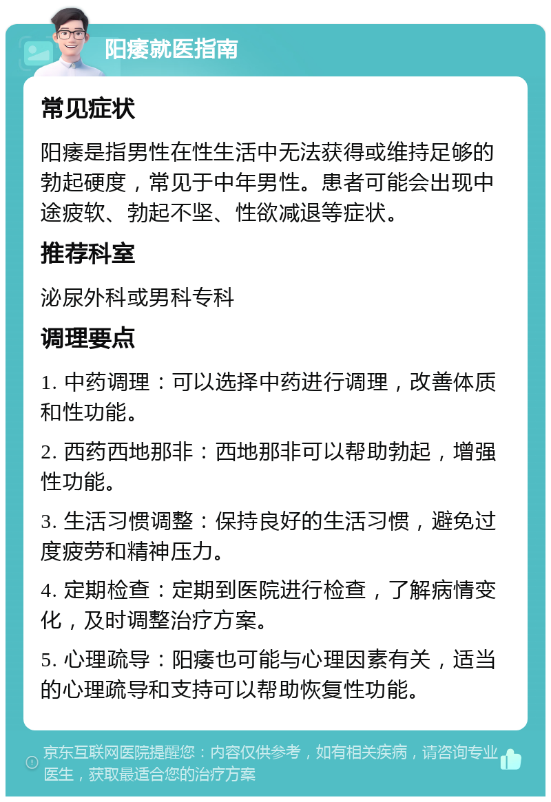 阳痿就医指南 常见症状 阳痿是指男性在性生活中无法获得或维持足够的勃起硬度，常见于中年男性。患者可能会出现中途疲软、勃起不坚、性欲减退等症状。 推荐科室 泌尿外科或男科专科 调理要点 1. 中药调理：可以选择中药进行调理，改善体质和性功能。 2. 西药西地那非：西地那非可以帮助勃起，增强性功能。 3. 生活习惯调整：保持良好的生活习惯，避免过度疲劳和精神压力。 4. 定期检查：定期到医院进行检查，了解病情变化，及时调整治疗方案。 5. 心理疏导：阳痿也可能与心理因素有关，适当的心理疏导和支持可以帮助恢复性功能。