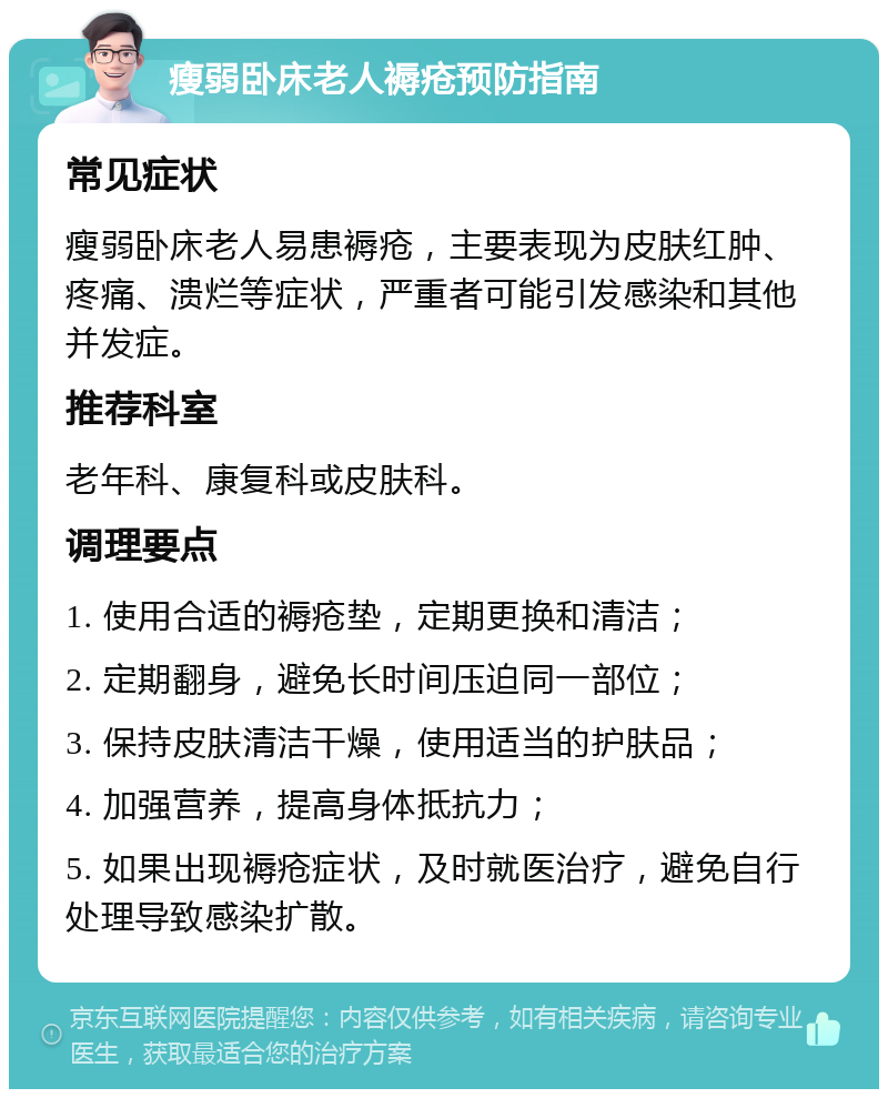 瘦弱卧床老人褥疮预防指南 常见症状 瘦弱卧床老人易患褥疮，主要表现为皮肤红肿、疼痛、溃烂等症状，严重者可能引发感染和其他并发症。 推荐科室 老年科、康复科或皮肤科。 调理要点 1. 使用合适的褥疮垫，定期更换和清洁； 2. 定期翻身，避免长时间压迫同一部位； 3. 保持皮肤清洁干燥，使用适当的护肤品； 4. 加强营养，提高身体抵抗力； 5. 如果出现褥疮症状，及时就医治疗，避免自行处理导致感染扩散。