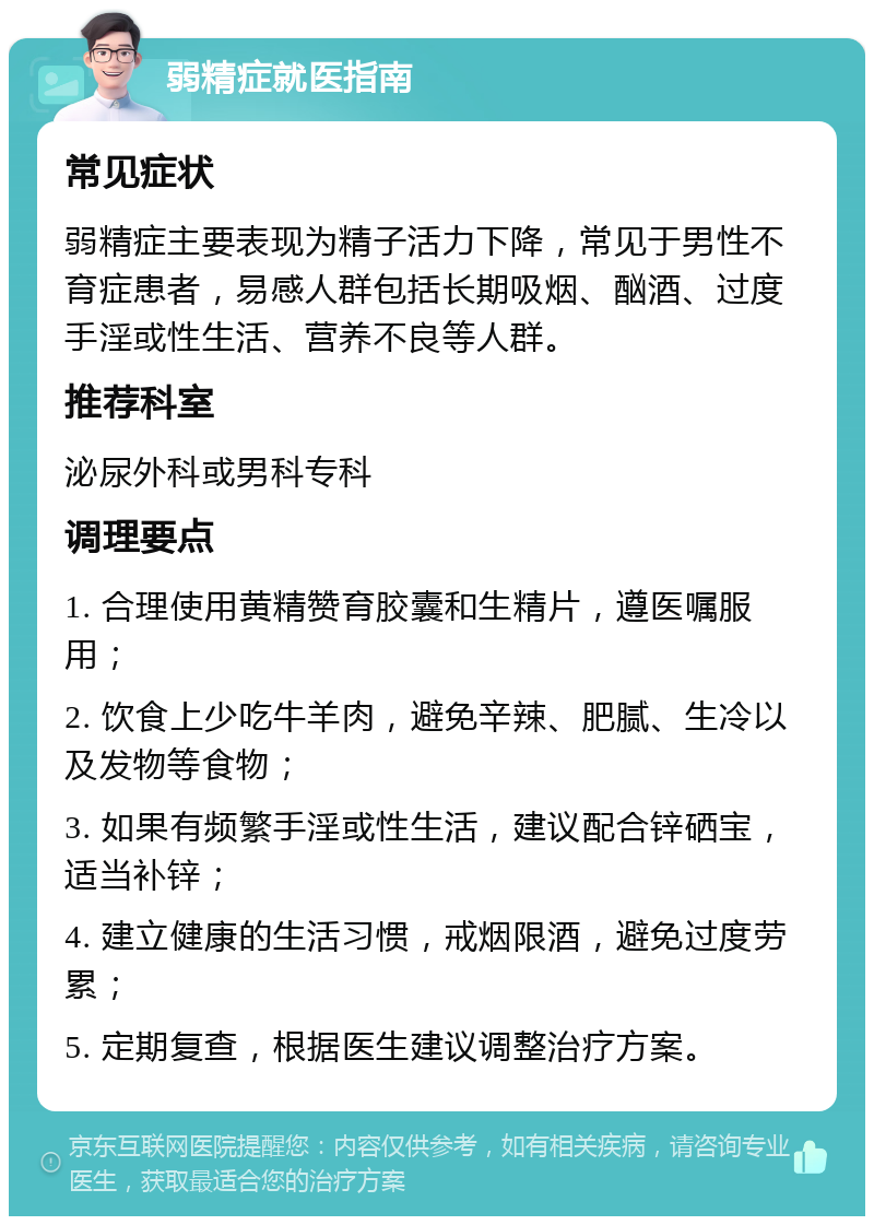 弱精症就医指南 常见症状 弱精症主要表现为精子活力下降，常见于男性不育症患者，易感人群包括长期吸烟、酗酒、过度手淫或性生活、营养不良等人群。 推荐科室 泌尿外科或男科专科 调理要点 1. 合理使用黄精赞育胶囊和生精片，遵医嘱服用； 2. 饮食上少吃牛羊肉，避免辛辣、肥腻、生冷以及发物等食物； 3. 如果有频繁手淫或性生活，建议配合锌硒宝，适当补锌； 4. 建立健康的生活习惯，戒烟限酒，避免过度劳累； 5. 定期复查，根据医生建议调整治疗方案。