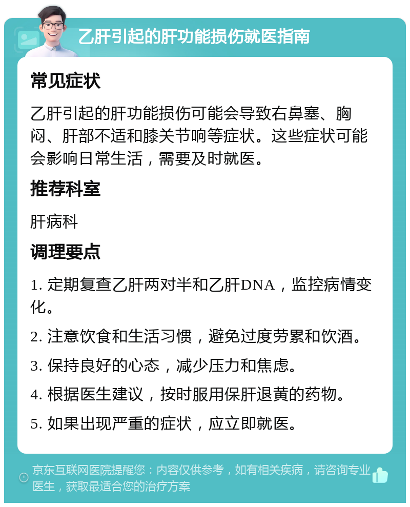 乙肝引起的肝功能损伤就医指南 常见症状 乙肝引起的肝功能损伤可能会导致右鼻塞、胸闷、肝部不适和膝关节响等症状。这些症状可能会影响日常生活，需要及时就医。 推荐科室 肝病科 调理要点 1. 定期复查乙肝两对半和乙肝DNA，监控病情变化。 2. 注意饮食和生活习惯，避免过度劳累和饮酒。 3. 保持良好的心态，减少压力和焦虑。 4. 根据医生建议，按时服用保肝退黄的药物。 5. 如果出现严重的症状，应立即就医。