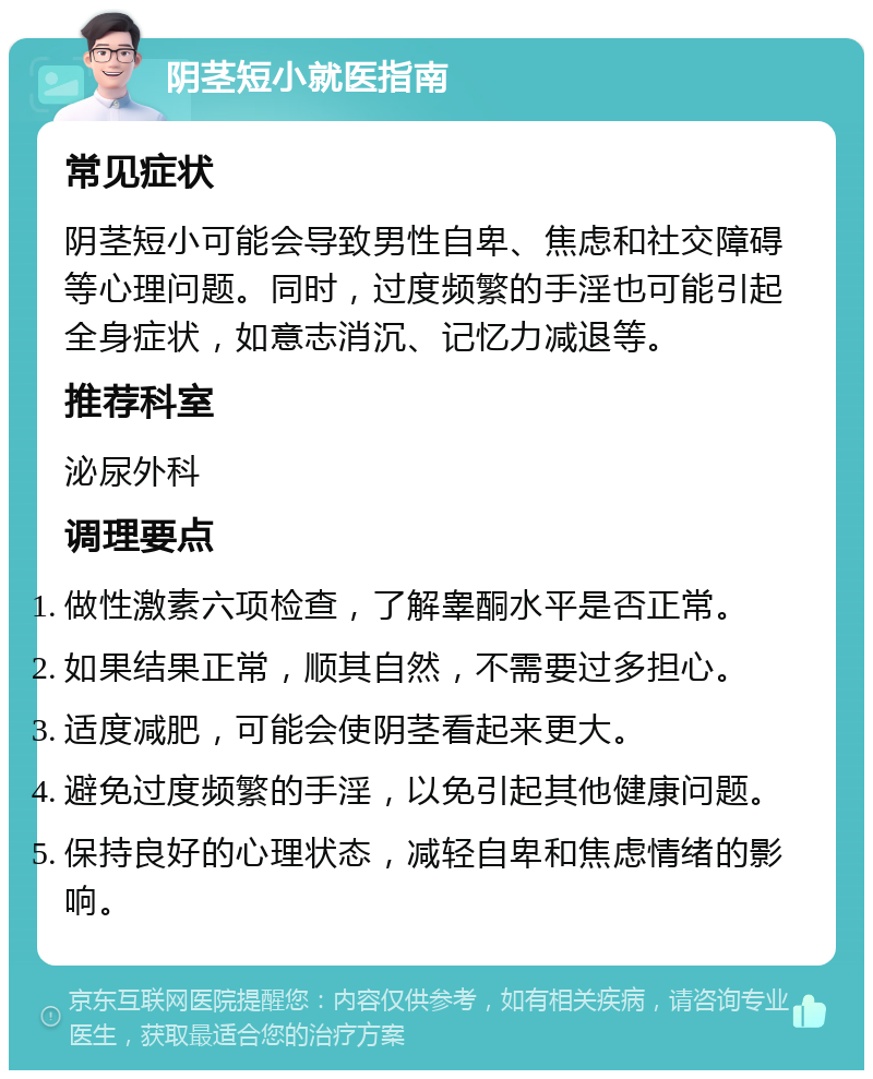 阴茎短小就医指南 常见症状 阴茎短小可能会导致男性自卑、焦虑和社交障碍等心理问题。同时，过度频繁的手淫也可能引起全身症状，如意志消沉、记忆力减退等。 推荐科室 泌尿外科 调理要点 做性激素六项检查，了解睾酮水平是否正常。 如果结果正常，顺其自然，不需要过多担心。 适度减肥，可能会使阴茎看起来更大。 避免过度频繁的手淫，以免引起其他健康问题。 保持良好的心理状态，减轻自卑和焦虑情绪的影响。