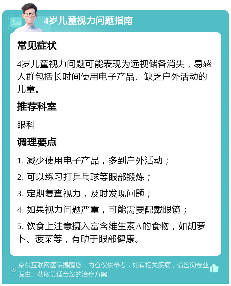 4岁儿童视力问题指南 常见症状 4岁儿童视力问题可能表现为远视储备消失，易感人群包括长时间使用电子产品、缺乏户外活动的儿童。 推荐科室 眼科 调理要点 1. 减少使用电子产品，多到户外活动； 2. 可以练习打乒乓球等眼部锻炼； 3. 定期复查视力，及时发现问题； 4. 如果视力问题严重，可能需要配戴眼镜； 5. 饮食上注意摄入富含维生素A的食物，如胡萝卜、菠菜等，有助于眼部健康。