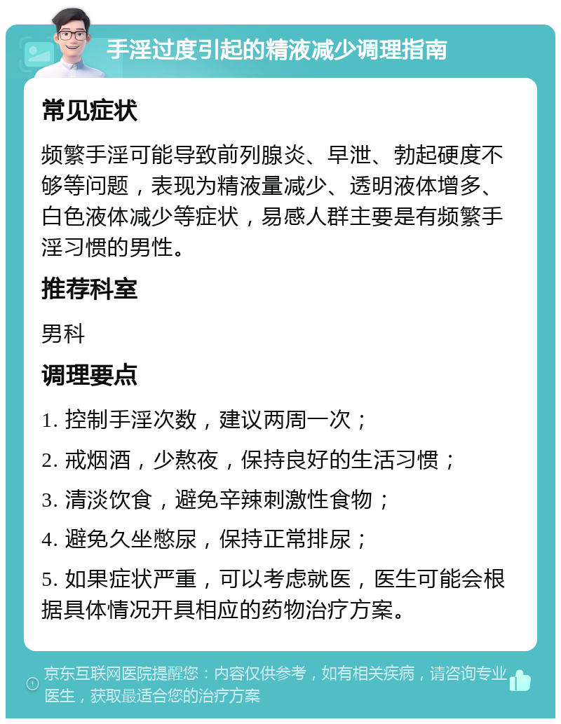 手淫过度引起的精液减少调理指南 常见症状 频繁手淫可能导致前列腺炎、早泄、勃起硬度不够等问题，表现为精液量减少、透明液体增多、白色液体减少等症状，易感人群主要是有频繁手淫习惯的男性。 推荐科室 男科 调理要点 1. 控制手淫次数，建议两周一次； 2. 戒烟酒，少熬夜，保持良好的生活习惯； 3. 清淡饮食，避免辛辣刺激性食物； 4. 避免久坐憋尿，保持正常排尿； 5. 如果症状严重，可以考虑就医，医生可能会根据具体情况开具相应的药物治疗方案。