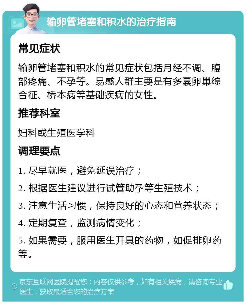 输卵管堵塞和积水的治疗指南 常见症状 输卵管堵塞和积水的常见症状包括月经不调、腹部疼痛、不孕等。易感人群主要是有多囊卵巢综合征、桥本病等基础疾病的女性。 推荐科室 妇科或生殖医学科 调理要点 1. 尽早就医，避免延误治疗； 2. 根据医生建议进行试管助孕等生殖技术； 3. 注意生活习惯，保持良好的心态和营养状态； 4. 定期复查，监测病情变化； 5. 如果需要，服用医生开具的药物，如促排卵药等。