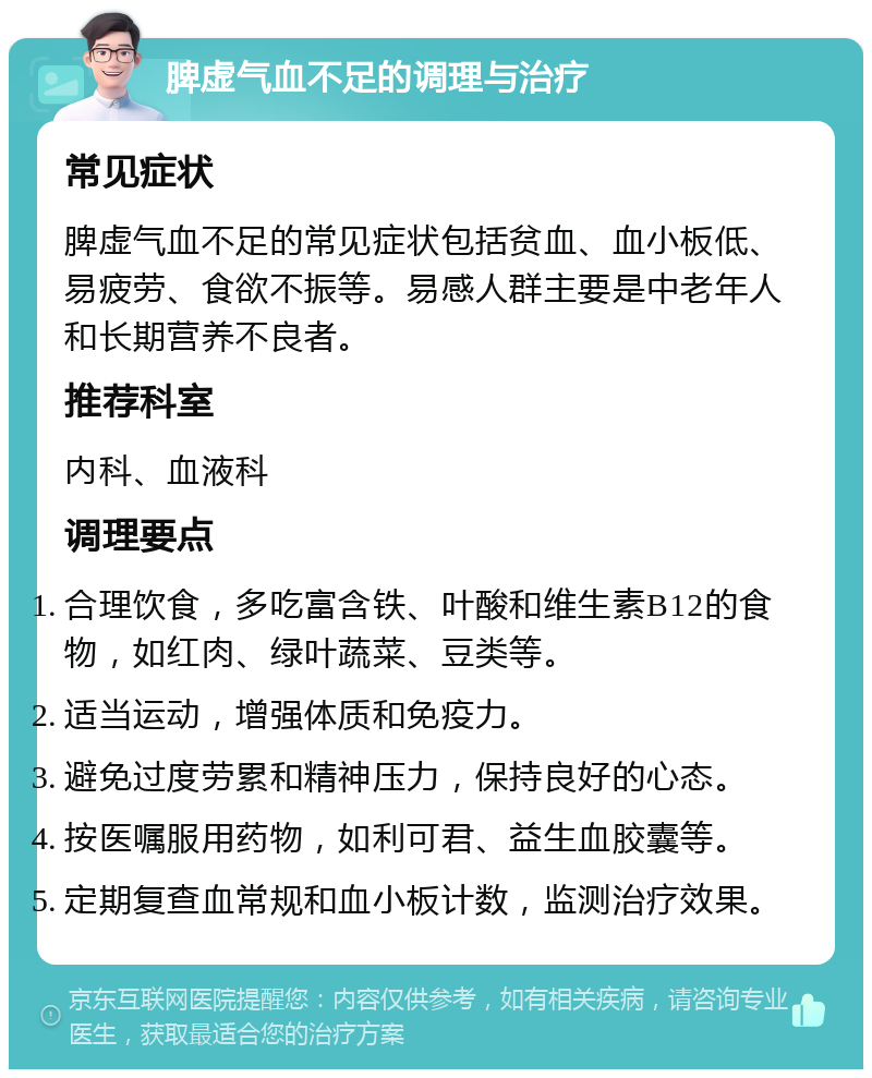 脾虚气血不足的调理与治疗 常见症状 脾虚气血不足的常见症状包括贫血、血小板低、易疲劳、食欲不振等。易感人群主要是中老年人和长期营养不良者。 推荐科室 内科、血液科 调理要点 合理饮食，多吃富含铁、叶酸和维生素B12的食物，如红肉、绿叶蔬菜、豆类等。 适当运动，增强体质和免疫力。 避免过度劳累和精神压力，保持良好的心态。 按医嘱服用药物，如利可君、益生血胶囊等。 定期复查血常规和血小板计数，监测治疗效果。