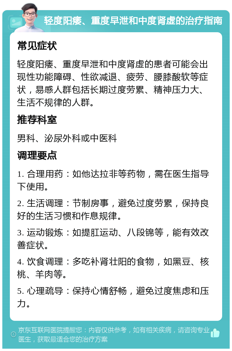 轻度阳痿、重度早泄和中度肾虚的治疗指南 常见症状 轻度阳痿、重度早泄和中度肾虚的患者可能会出现性功能障碍、性欲减退、疲劳、腰膝酸软等症状，易感人群包括长期过度劳累、精神压力大、生活不规律的人群。 推荐科室 男科、泌尿外科或中医科 调理要点 1. 合理用药：如他达拉非等药物，需在医生指导下使用。 2. 生活调理：节制房事，避免过度劳累，保持良好的生活习惯和作息规律。 3. 运动锻炼：如提肛运动、八段锦等，能有效改善症状。 4. 饮食调理：多吃补肾壮阳的食物，如黑豆、核桃、羊肉等。 5. 心理疏导：保持心情舒畅，避免过度焦虑和压力。