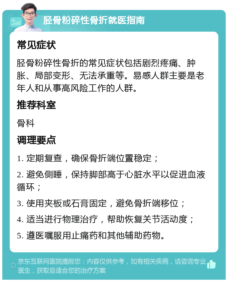 胫骨粉碎性骨折就医指南 常见症状 胫骨粉碎性骨折的常见症状包括剧烈疼痛、肿胀、局部变形、无法承重等。易感人群主要是老年人和从事高风险工作的人群。 推荐科室 骨科 调理要点 1. 定期复查，确保骨折端位置稳定； 2. 避免侧睡，保持脚部高于心脏水平以促进血液循环； 3. 使用夹板或石膏固定，避免骨折端移位； 4. 适当进行物理治疗，帮助恢复关节活动度； 5. 遵医嘱服用止痛药和其他辅助药物。