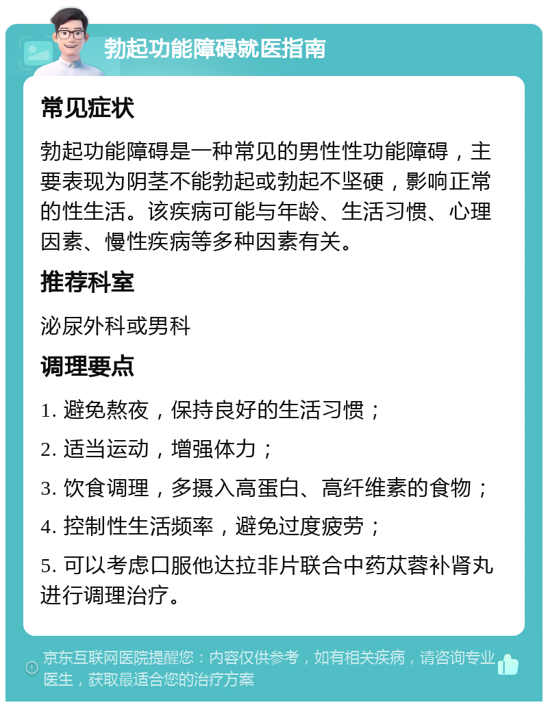 勃起功能障碍就医指南 常见症状 勃起功能障碍是一种常见的男性性功能障碍，主要表现为阴茎不能勃起或勃起不坚硬，影响正常的性生活。该疾病可能与年龄、生活习惯、心理因素、慢性疾病等多种因素有关。 推荐科室 泌尿外科或男科 调理要点 1. 避免熬夜，保持良好的生活习惯； 2. 适当运动，增强体力； 3. 饮食调理，多摄入高蛋白、高纤维素的食物； 4. 控制性生活频率，避免过度疲劳； 5. 可以考虑口服他达拉非片联合中药苁蓉补肾丸进行调理治疗。