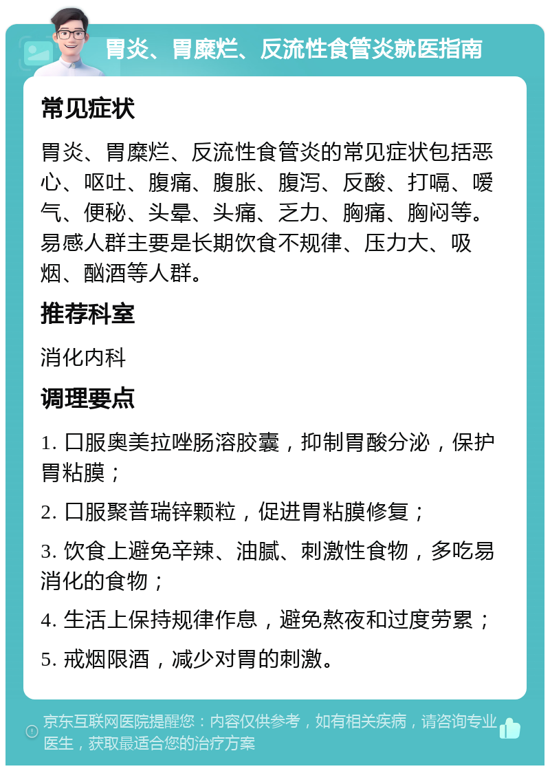 胃炎、胃糜烂、反流性食管炎就医指南 常见症状 胃炎、胃糜烂、反流性食管炎的常见症状包括恶心、呕吐、腹痛、腹胀、腹泻、反酸、打嗝、嗳气、便秘、头晕、头痛、乏力、胸痛、胸闷等。易感人群主要是长期饮食不规律、压力大、吸烟、酗酒等人群。 推荐科室 消化内科 调理要点 1. 口服奥美拉唑肠溶胶囊，抑制胃酸分泌，保护胃粘膜； 2. 口服聚普瑞锌颗粒，促进胃粘膜修复； 3. 饮食上避免辛辣、油腻、刺激性食物，多吃易消化的食物； 4. 生活上保持规律作息，避免熬夜和过度劳累； 5. 戒烟限酒，减少对胃的刺激。