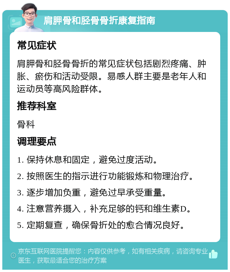 肩胛骨和胫骨骨折康复指南 常见症状 肩胛骨和胫骨骨折的常见症状包括剧烈疼痛、肿胀、瘀伤和活动受限。易感人群主要是老年人和运动员等高风险群体。 推荐科室 骨科 调理要点 1. 保持休息和固定，避免过度活动。 2. 按照医生的指示进行功能锻炼和物理治疗。 3. 逐步增加负重，避免过早承受重量。 4. 注意营养摄入，补充足够的钙和维生素D。 5. 定期复查，确保骨折处的愈合情况良好。