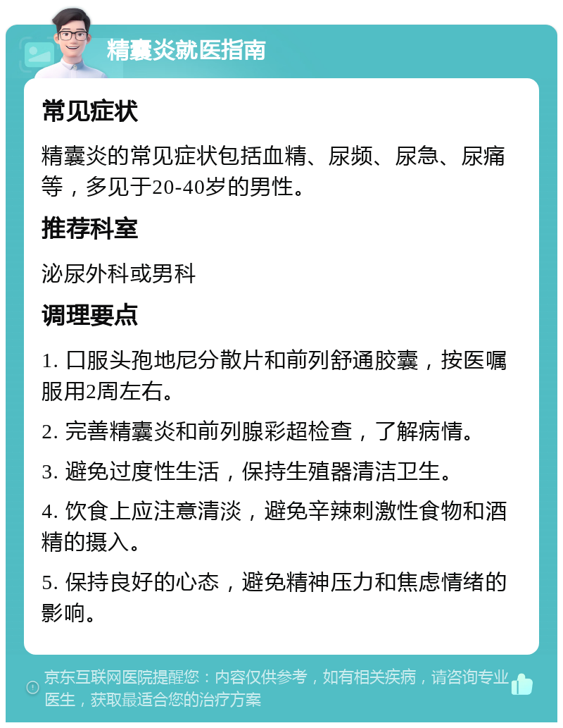 精囊炎就医指南 常见症状 精囊炎的常见症状包括血精、尿频、尿急、尿痛等，多见于20-40岁的男性。 推荐科室 泌尿外科或男科 调理要点 1. 口服头孢地尼分散片和前列舒通胶囊，按医嘱服用2周左右。 2. 完善精囊炎和前列腺彩超检查，了解病情。 3. 避免过度性生活，保持生殖器清洁卫生。 4. 饮食上应注意清淡，避免辛辣刺激性食物和酒精的摄入。 5. 保持良好的心态，避免精神压力和焦虑情绪的影响。