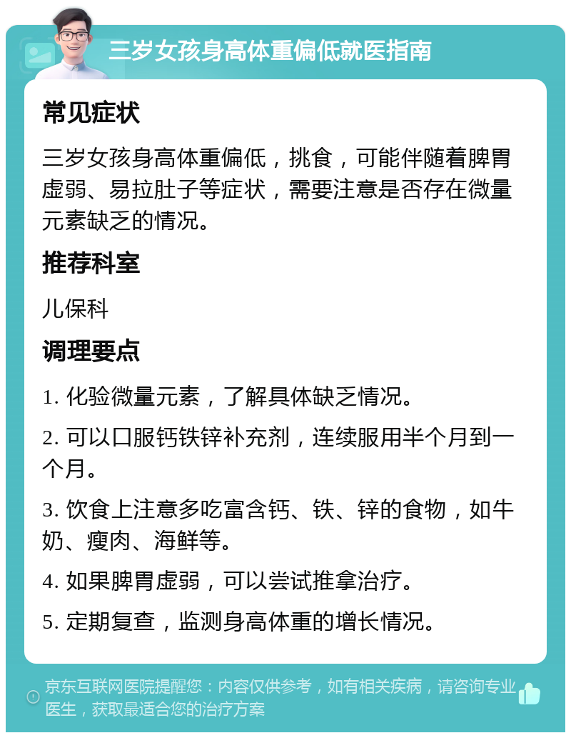 三岁女孩身高体重偏低就医指南 常见症状 三岁女孩身高体重偏低，挑食，可能伴随着脾胃虚弱、易拉肚子等症状，需要注意是否存在微量元素缺乏的情况。 推荐科室 儿保科 调理要点 1. 化验微量元素，了解具体缺乏情况。 2. 可以口服钙铁锌补充剂，连续服用半个月到一个月。 3. 饮食上注意多吃富含钙、铁、锌的食物，如牛奶、瘦肉、海鲜等。 4. 如果脾胃虚弱，可以尝试推拿治疗。 5. 定期复查，监测身高体重的增长情况。