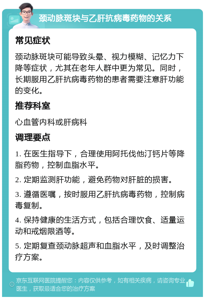 颈动脉斑块与乙肝抗病毒药物的关系 常见症状 颈动脉斑块可能导致头晕、视力模糊、记忆力下降等症状，尤其在老年人群中更为常见。同时，长期服用乙肝抗病毒药物的患者需要注意肝功能的变化。 推荐科室 心血管内科或肝病科 调理要点 1. 在医生指导下，合理使用阿托伐他汀钙片等降脂药物，控制血脂水平。 2. 定期监测肝功能，避免药物对肝脏的损害。 3. 遵循医嘱，按时服用乙肝抗病毒药物，控制病毒复制。 4. 保持健康的生活方式，包括合理饮食、适量运动和戒烟限酒等。 5. 定期复查颈动脉超声和血脂水平，及时调整治疗方案。