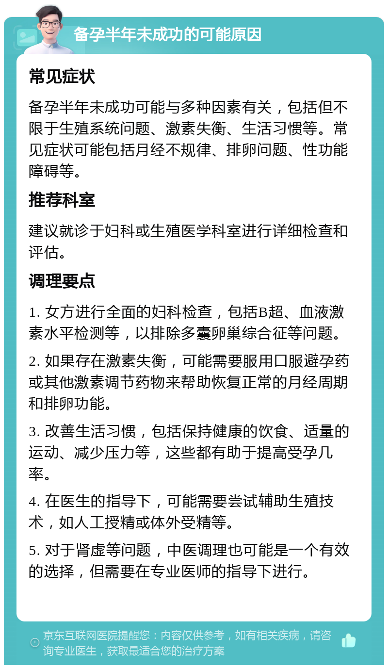 备孕半年未成功的可能原因 常见症状 备孕半年未成功可能与多种因素有关，包括但不限于生殖系统问题、激素失衡、生活习惯等。常见症状可能包括月经不规律、排卵问题、性功能障碍等。 推荐科室 建议就诊于妇科或生殖医学科室进行详细检查和评估。 调理要点 1. 女方进行全面的妇科检查，包括B超、血液激素水平检测等，以排除多囊卵巢综合征等问题。 2. 如果存在激素失衡，可能需要服用口服避孕药或其他激素调节药物来帮助恢复正常的月经周期和排卵功能。 3. 改善生活习惯，包括保持健康的饮食、适量的运动、减少压力等，这些都有助于提高受孕几率。 4. 在医生的指导下，可能需要尝试辅助生殖技术，如人工授精或体外受精等。 5. 对于肾虚等问题，中医调理也可能是一个有效的选择，但需要在专业医师的指导下进行。