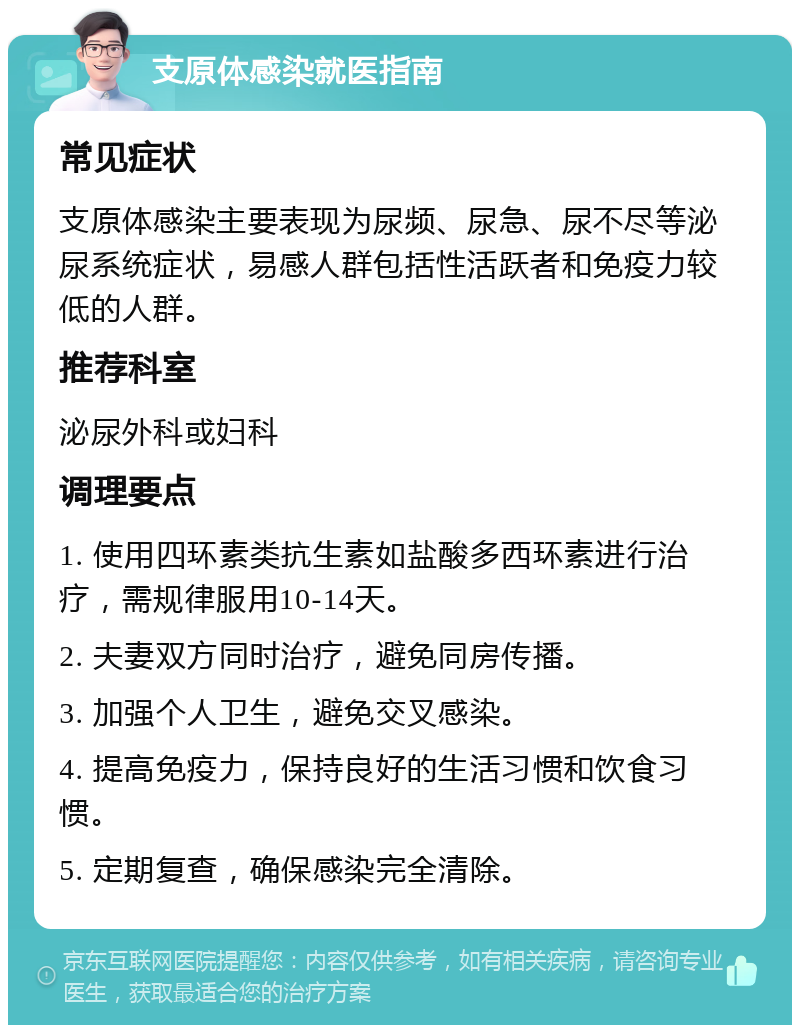 支原体感染就医指南 常见症状 支原体感染主要表现为尿频、尿急、尿不尽等泌尿系统症状，易感人群包括性活跃者和免疫力较低的人群。 推荐科室 泌尿外科或妇科 调理要点 1. 使用四环素类抗生素如盐酸多西环素进行治疗，需规律服用10-14天。 2. 夫妻双方同时治疗，避免同房传播。 3. 加强个人卫生，避免交叉感染。 4. 提高免疫力，保持良好的生活习惯和饮食习惯。 5. 定期复查，确保感染完全清除。