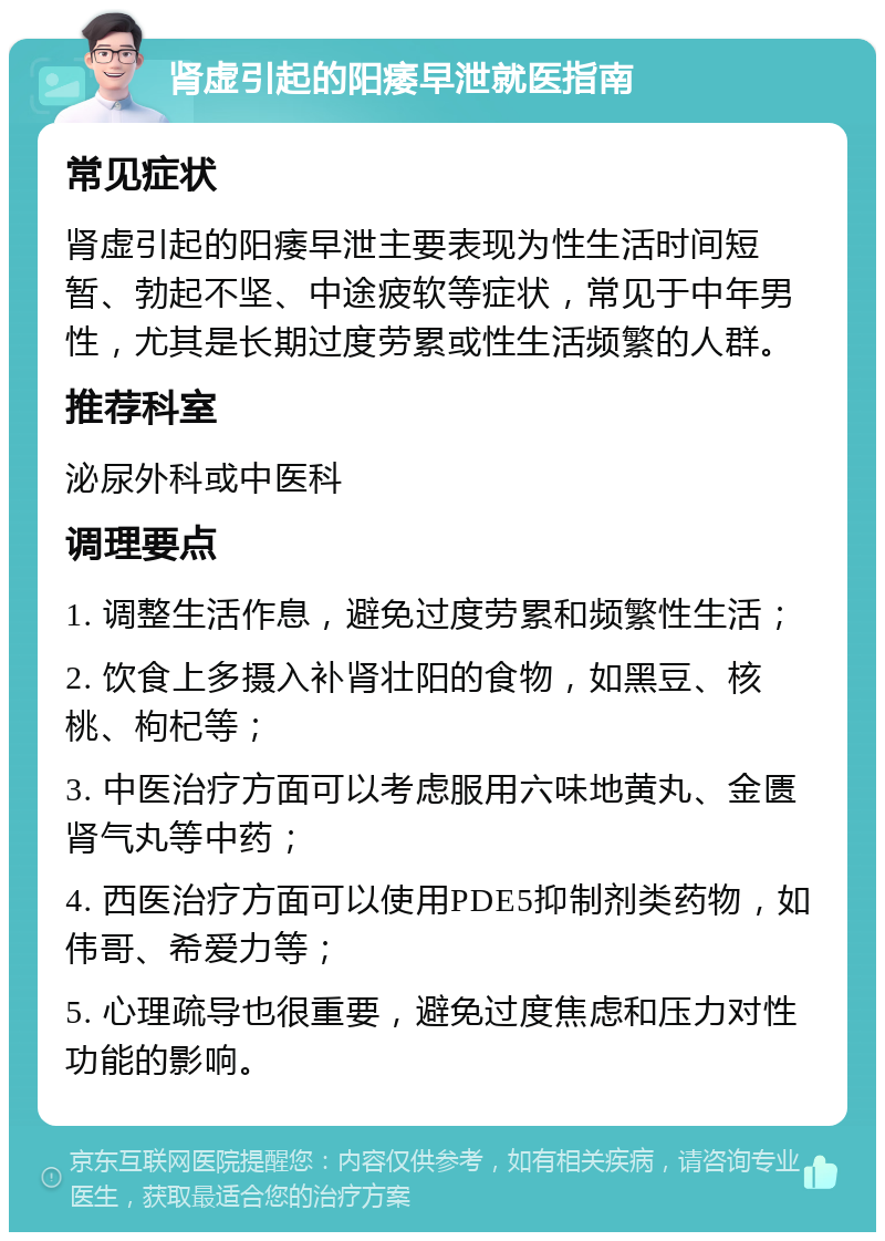 肾虚引起的阳痿早泄就医指南 常见症状 肾虚引起的阳痿早泄主要表现为性生活时间短暂、勃起不坚、中途疲软等症状，常见于中年男性，尤其是长期过度劳累或性生活频繁的人群。 推荐科室 泌尿外科或中医科 调理要点 1. 调整生活作息，避免过度劳累和频繁性生活； 2. 饮食上多摄入补肾壮阳的食物，如黑豆、核桃、枸杞等； 3. 中医治疗方面可以考虑服用六味地黄丸、金匮肾气丸等中药； 4. 西医治疗方面可以使用PDE5抑制剂类药物，如伟哥、希爱力等； 5. 心理疏导也很重要，避免过度焦虑和压力对性功能的影响。