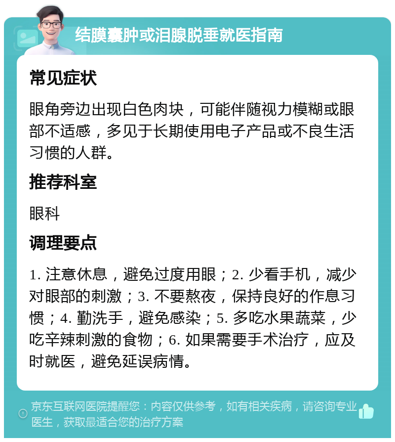 结膜囊肿或泪腺脱垂就医指南 常见症状 眼角旁边出现白色肉块，可能伴随视力模糊或眼部不适感，多见于长期使用电子产品或不良生活习惯的人群。 推荐科室 眼科 调理要点 1. 注意休息，避免过度用眼；2. 少看手机，减少对眼部的刺激；3. 不要熬夜，保持良好的作息习惯；4. 勤洗手，避免感染；5. 多吃水果蔬菜，少吃辛辣刺激的食物；6. 如果需要手术治疗，应及时就医，避免延误病情。