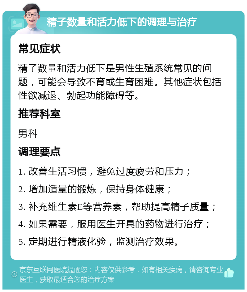 精子数量和活力低下的调理与治疗 常见症状 精子数量和活力低下是男性生殖系统常见的问题，可能会导致不育或生育困难。其他症状包括性欲减退、勃起功能障碍等。 推荐科室 男科 调理要点 1. 改善生活习惯，避免过度疲劳和压力； 2. 增加适量的锻炼，保持身体健康； 3. 补充维生素E等营养素，帮助提高精子质量； 4. 如果需要，服用医生开具的药物进行治疗； 5. 定期进行精液化验，监测治疗效果。