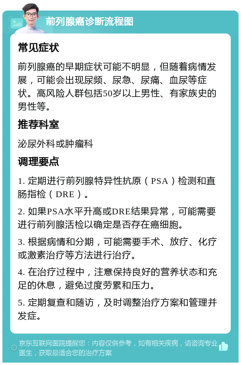 前列腺癌诊断流程图 常见症状 前列腺癌的早期症状可能不明显，但随着病情发展，可能会出现尿频、尿急、尿痛、血尿等症状。高风险人群包括50岁以上男性、有家族史的男性等。 推荐科室 泌尿外科或肿瘤科 调理要点 1. 定期进行前列腺特异性抗原（PSA）检测和直肠指检（DRE）。 2. 如果PSA水平升高或DRE结果异常，可能需要进行前列腺活检以确定是否存在癌细胞。 3. 根据病情和分期，可能需要手术、放疗、化疗或激素治疗等方法进行治疗。 4. 在治疗过程中，注意保持良好的营养状态和充足的休息，避免过度劳累和压力。 5. 定期复查和随访，及时调整治疗方案和管理并发症。