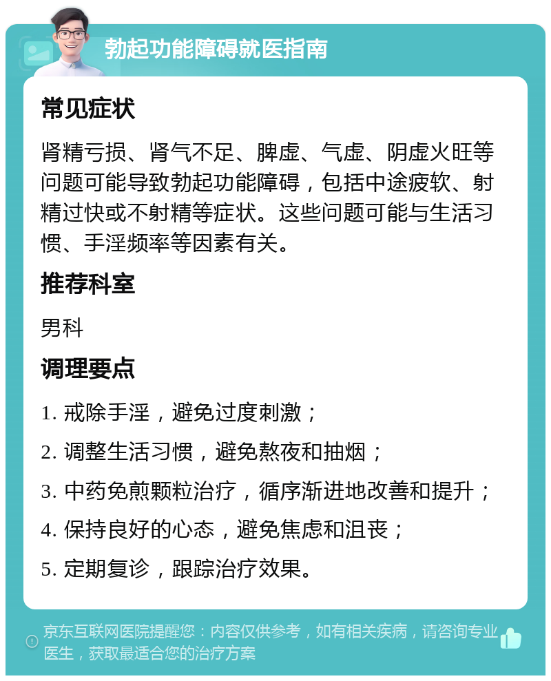 勃起功能障碍就医指南 常见症状 肾精亏损、肾气不足、脾虚、气虚、阴虚火旺等问题可能导致勃起功能障碍，包括中途疲软、射精过快或不射精等症状。这些问题可能与生活习惯、手淫频率等因素有关。 推荐科室 男科 调理要点 1. 戒除手淫，避免过度刺激； 2. 调整生活习惯，避免熬夜和抽烟； 3. 中药免煎颗粒治疗，循序渐进地改善和提升； 4. 保持良好的心态，避免焦虑和沮丧； 5. 定期复诊，跟踪治疗效果。