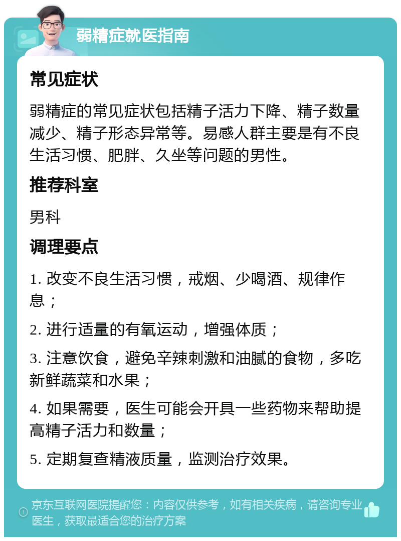 弱精症就医指南 常见症状 弱精症的常见症状包括精子活力下降、精子数量减少、精子形态异常等。易感人群主要是有不良生活习惯、肥胖、久坐等问题的男性。 推荐科室 男科 调理要点 1. 改变不良生活习惯，戒烟、少喝酒、规律作息； 2. 进行适量的有氧运动，增强体质； 3. 注意饮食，避免辛辣刺激和油腻的食物，多吃新鲜蔬菜和水果； 4. 如果需要，医生可能会开具一些药物来帮助提高精子活力和数量； 5. 定期复查精液质量，监测治疗效果。