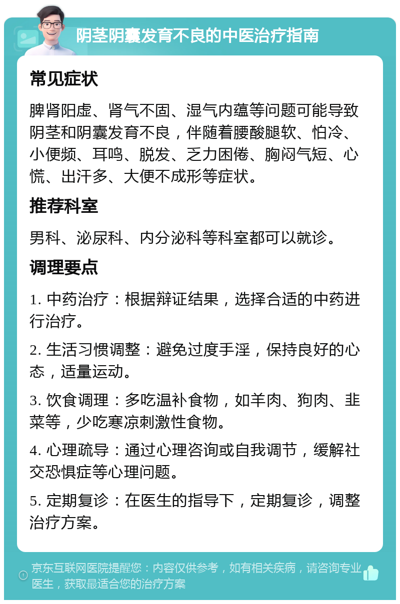 阴茎阴囊发育不良的中医治疗指南 常见症状 脾肾阳虚、肾气不固、湿气内蕴等问题可能导致阴茎和阴囊发育不良，伴随着腰酸腿软、怕冷、小便频、耳鸣、脱发、乏力困倦、胸闷气短、心慌、出汗多、大便不成形等症状。 推荐科室 男科、泌尿科、内分泌科等科室都可以就诊。 调理要点 1. 中药治疗：根据辩证结果，选择合适的中药进行治疗。 2. 生活习惯调整：避免过度手淫，保持良好的心态，适量运动。 3. 饮食调理：多吃温补食物，如羊肉、狗肉、韭菜等，少吃寒凉刺激性食物。 4. 心理疏导：通过心理咨询或自我调节，缓解社交恐惧症等心理问题。 5. 定期复诊：在医生的指导下，定期复诊，调整治疗方案。