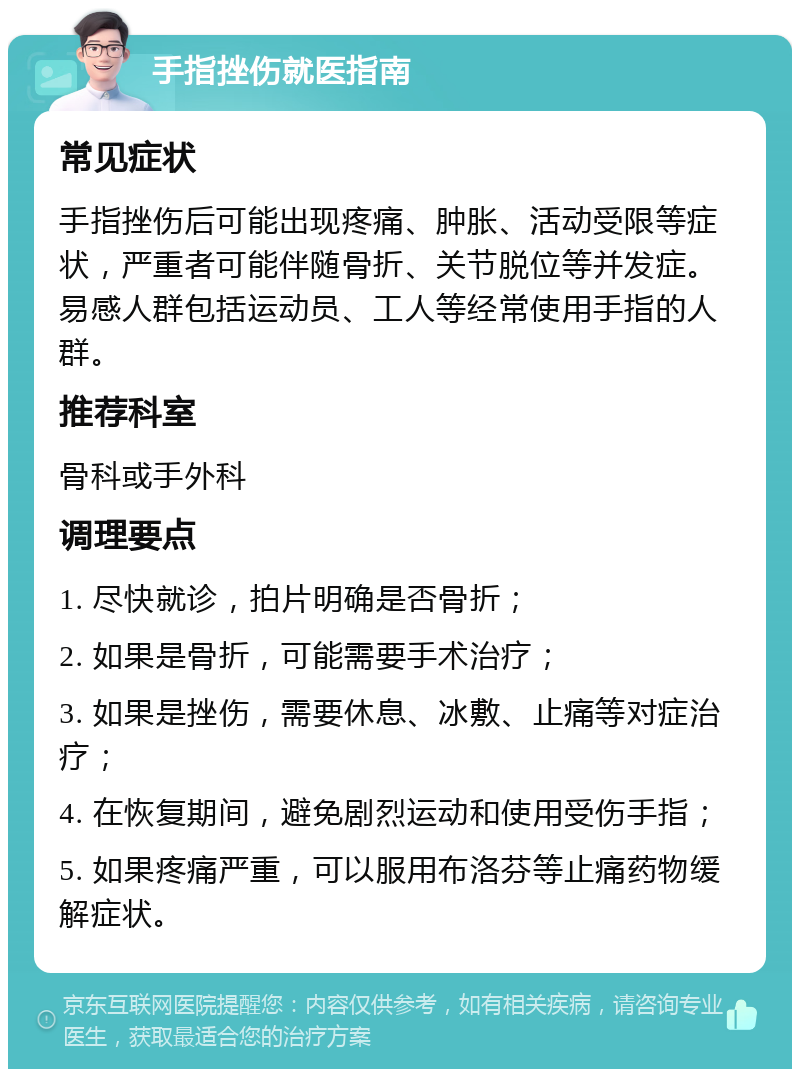 手指挫伤就医指南 常见症状 手指挫伤后可能出现疼痛、肿胀、活动受限等症状，严重者可能伴随骨折、关节脱位等并发症。易感人群包括运动员、工人等经常使用手指的人群。 推荐科室 骨科或手外科 调理要点 1. 尽快就诊，拍片明确是否骨折； 2. 如果是骨折，可能需要手术治疗； 3. 如果是挫伤，需要休息、冰敷、止痛等对症治疗； 4. 在恢复期间，避免剧烈运动和使用受伤手指； 5. 如果疼痛严重，可以服用布洛芬等止痛药物缓解症状。