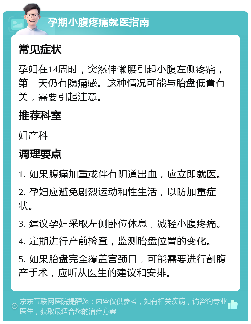 孕期小腹疼痛就医指南 常见症状 孕妇在14周时，突然伸懒腰引起小腹左侧疼痛，第二天仍有隐痛感。这种情况可能与胎盘低置有关，需要引起注意。 推荐科室 妇产科 调理要点 1. 如果腹痛加重或伴有阴道出血，应立即就医。 2. 孕妇应避免剧烈运动和性生活，以防加重症状。 3. 建议孕妇采取左侧卧位休息，减轻小腹疼痛。 4. 定期进行产前检查，监测胎盘位置的变化。 5. 如果胎盘完全覆盖宫颈口，可能需要进行剖腹产手术，应听从医生的建议和安排。